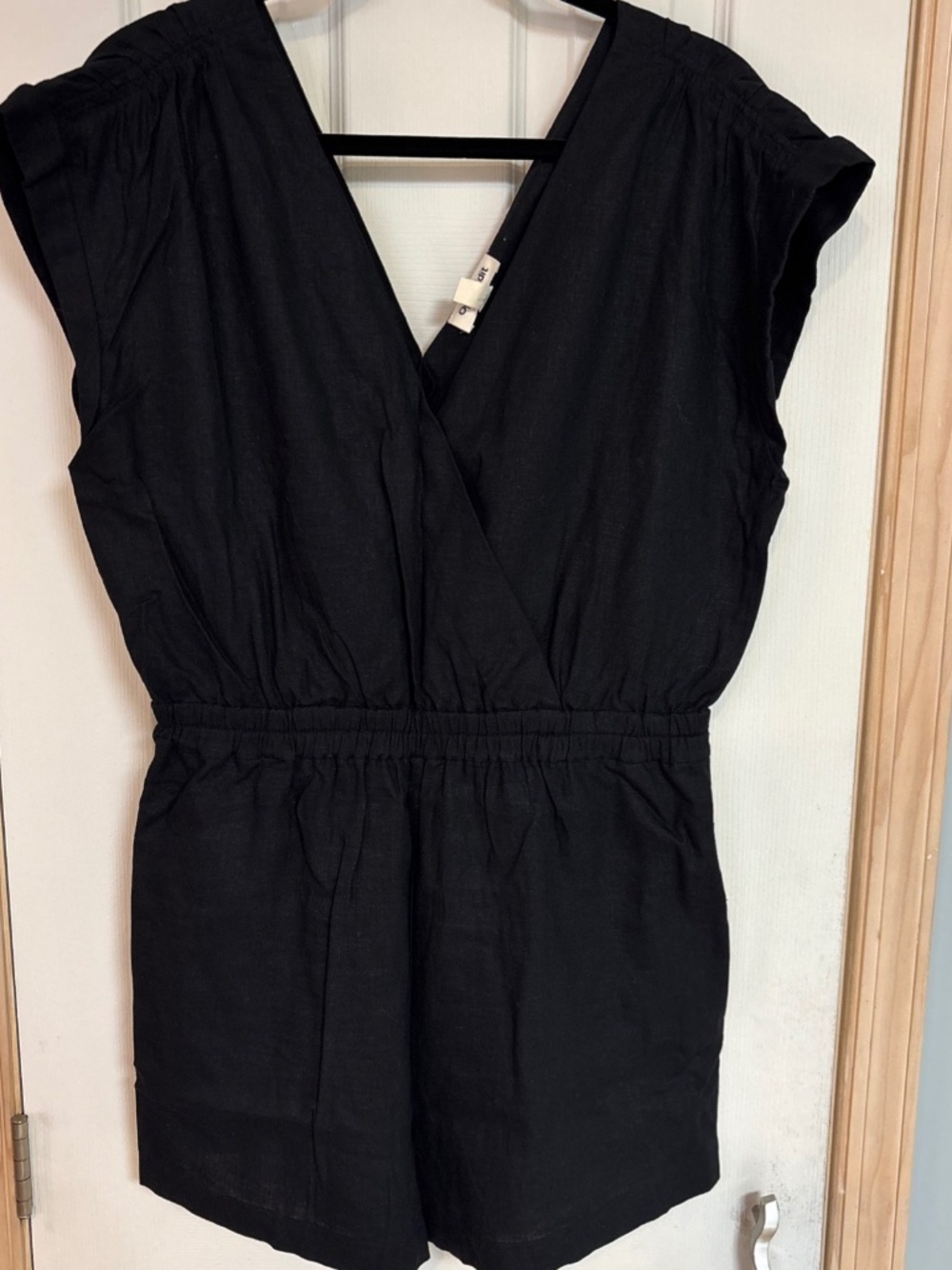 Open Edit Romper Women’s Size Med V-neck Linen Blend Black Elastic Waist Airy